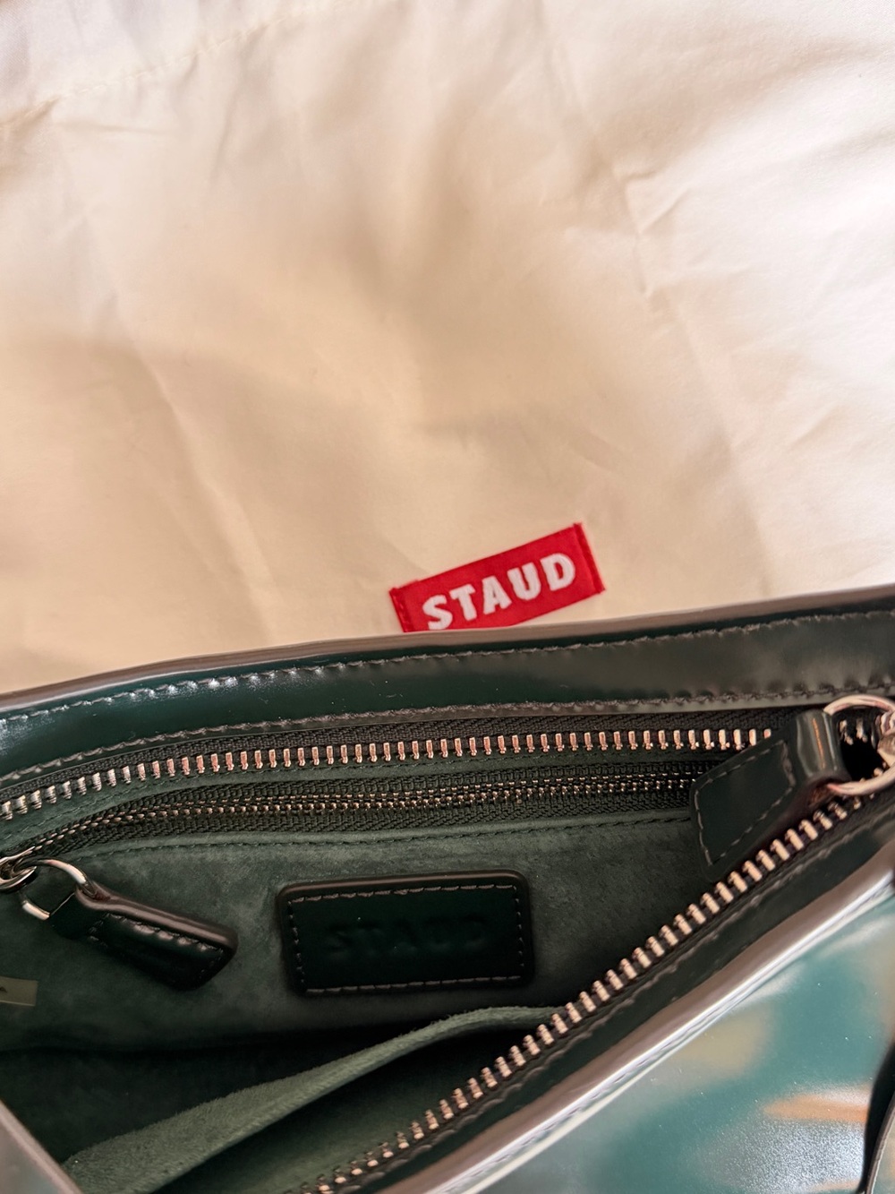 STAUD Dark Green Patent Shoulder Bag with Mixed Metal Chain - Picture 4 of 4